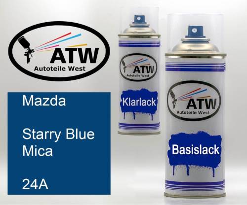Mazda, Starry Blue Mica, 24A: 400ml Sprühdose + 400ml Klarlack - Set, von ATW Autoteile West.